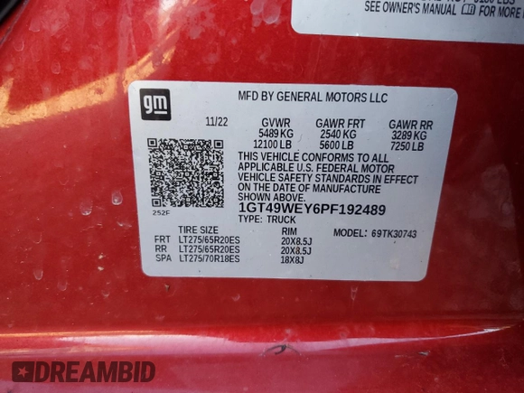 2023 GMC Sierra 3500HD Denali z VIN 1GT49WEY6PF192489, wystawiony jako Copart lot #78164924 z przebiegiem Nie podano mil oraz Nie do naprawy • Non repairable. Historia ofert i sprzedaży dostępna na DreamBid. Obrazek 12.