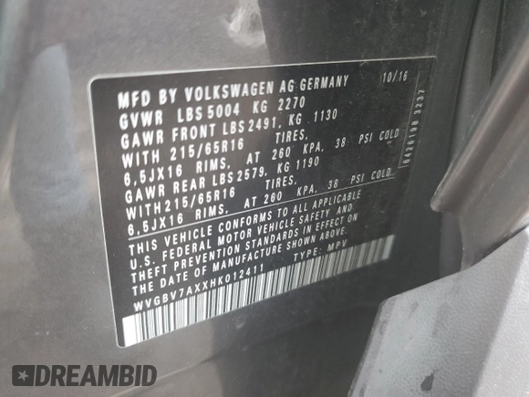 2017 Volkswagen Tiguan S with VIN WVGBV7AXXHK012411, listed as a Copart auction lot 53929045 with Not Provided miles and Clean Title. Bid and sale history available at DreamBid. Image 12.