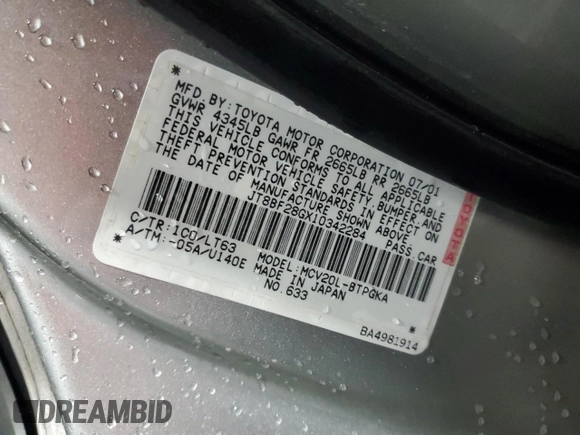 2001 Lexus ES 300 with VIN JT8BF28GX10342284, listed as a Copart auction lot 50075685 with 208,211 mi miles and Salvage Title. Bid and sale history available at DreamBid. Image 12.