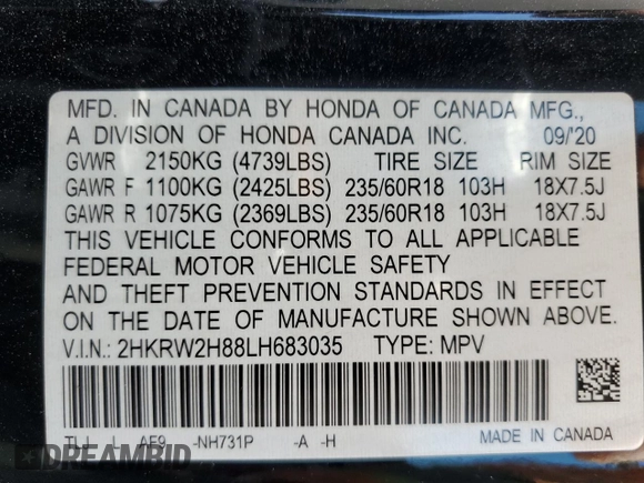 2020 Honda CR-V EX-L z VIN 2HKRW2H88LH683035, wystawiony jako Copart lot #59770435 z przebiegiem 95 187 mil mil oraz Czysty tytuł • Clean title. Historia ofert i sprzedaży dostępna na DreamBid. Obrazek 13.