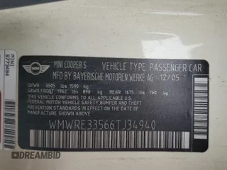2006 MINI Hardtop S z VIN WMWRE33566TJ34940, wystawiony jako Copart lot #54348295 z przebiegiem 67 435 mil mil oraz Szkoda całkowita • Salvage title. Historia ofert i sprzedaży dostępna na DreamBid. Obrazek 12.