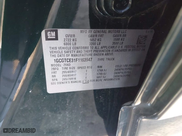 2015 Chevrolet Colorado 4WD Z71 with VIN 1GCGTCE31F1163947, listed as a IAAI auction lot 40997814 with 101,884 mi miles. Bid and sale history available at carsss.com. Image 9.