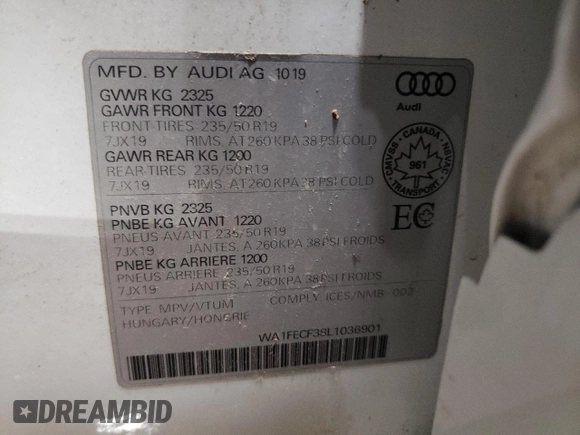 2020 Audi Q3 S line Prestige with VIN WA1FECF38L1036901, listed as a Copart auction lot 83328484 with 63,939 mi miles and Non Repairable. Bid and sale history available at carsss.com. Image 13.