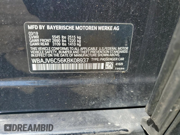 2019 BMW 6 Series 640i xDrive with VIN WBAJV6C56KBK08937, listed as a Copart auction lot 50201275 with 9,000 mi miles and Salvage Title. Bid and sale history available at carsss.com. Image 12.
