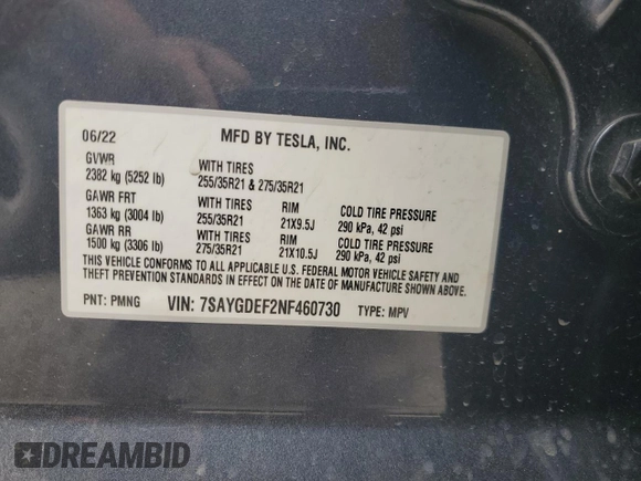2022 Tesla Model Y Performance with VIN 7SAYGDEF2NF460730, listed as a Copart auction lot 54127945 with 59,735 mi miles and Salvage title. Bid and sale history available at DreamBid. Image 12.