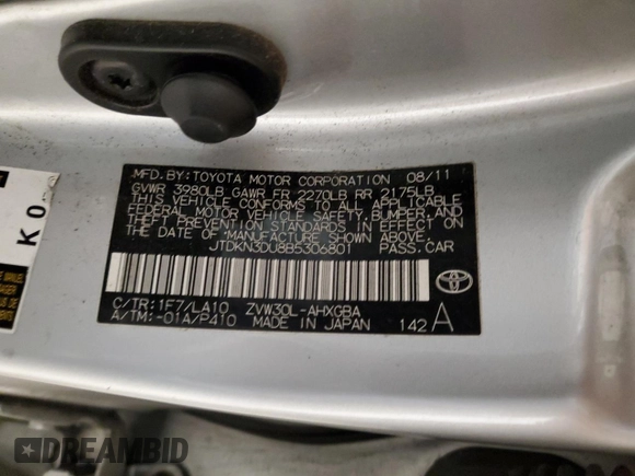 2011 Toyota Prius I z VIN JTDKN3DU8B5306801, wystawiony jako Copart lot #41186164 z przebiegiem Nie podano mil oraz Szkoda całkowita • Salvage title. Historia ofert i sprzedaży dostępna na DreamBid. Obrazek 12.
