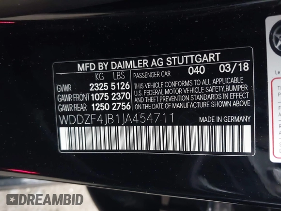 2018 Mercedes-Benz E-Class E 300 with VIN WDDZF4JB1JA454711, listed as a IAAI auction lot 41730604 with 127,985 mi miles. Bid and sale history available at carsss.com. Image 9.
