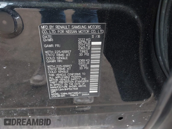 2017 Nissan Rogue SV with VIN KNMAT2MV9HP527518, listed as a IAAI auction lot 41655913 with 127,359 mi miles. Bid and sale history available at carsss.com. Image 9.