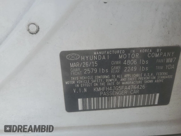 2015 Hyundai Azera Limited with VIN KMHFH4JG5FA476426, listed as a Copart auction lot 67103785 with 189,590 mi miles and Clean title. Bid and sale history available at DreamBid. Image 12.