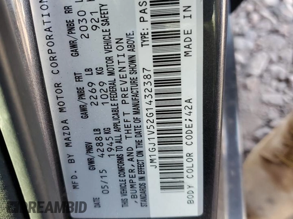 2016 Mazda 6 i Touring with VIN JM1GJ1V52G1432387, listed as a Copart auction lot 54495235 with 86,700 mi miles and Salvage Title. Bid and sale history available at carsss.com. Image 12.