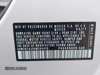 2017 Volkswagen Jetta S с VIN 3VW2B7AJ3HM384428, выставлен на аукционе IAAI как лот 41942676 с пробегом 57 167 миль миль и . История ставок и продаж доступна на DreamBid. Изображение 9.