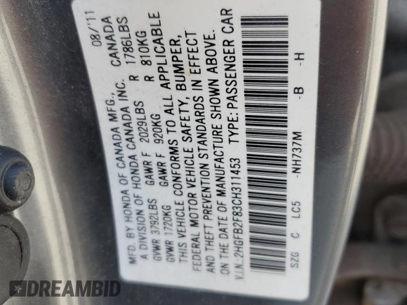 2012 Honda Civic EX with VIN 2HGFB2F83CH311453, listed as a Copart auction lot 55051765 with 242,944 mi miles and Salvage Title. Bid and sale history available at DreamBid. Image 12.