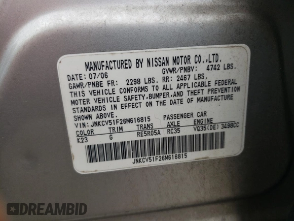 2006 Infiniti G35 z VIN JNKCV51F26M616815, wystawiony jako Copart lot #57521415 z przebiegiem 115 490 mil mil oraz Szkoda całkowita • Salvage title. Historia ofert i sprzedaży dostępna na DreamBid. Obrazek 12.