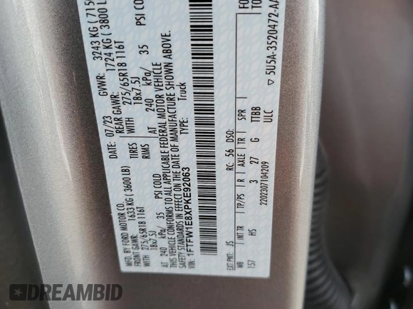 2023 Ford F-150 XL with VIN 1FTFW1E8XPKE92063, listed as a Copart auction lot 71627504 with 30,384 mi miles and Salvage Title. Bid and sale history available at carsss.com. Image 12.