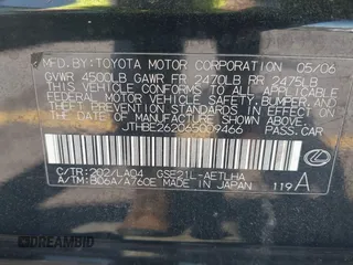 2006 Lexus IS 350 z VIN JTHBE262065009466, wystawiony jako IAAI lot #41848882 z przebiegiem 177 603 mil mil oraz . Historia ofert i sprzedaży dostępna na DreamBid. Obrazek 9.