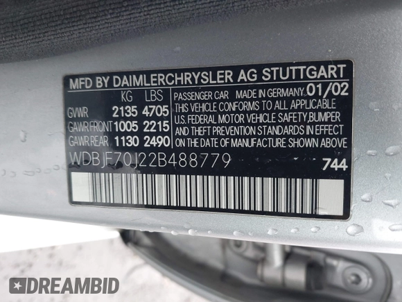 2002 Mercedes-Benz E 320 with VIN WDBJF70J22B488779, listed as a IAAI auction lot 41562240 with 209,590 mi miles and . Bid and sale history available at DreamBid. Image 9.