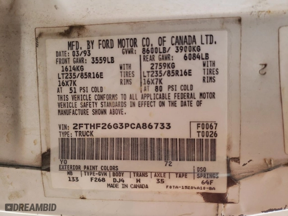 1993 Ford Pickup with VIN 2FTHF26G3PCA86733, listed as a Copart auction lot 41370205 with 0 mi miles and Salvage Title. Bid and sale history available at carsss.com. Image 12.