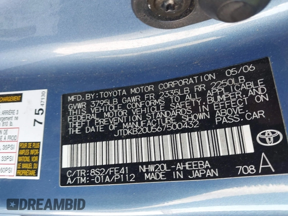 2006 Toyota Prius with VIN JTDKB20U567500432, listed as a IAAI auction lot 41854835 with Not Provided miles and . Bid and sale history available at carsss.com. Image 9.