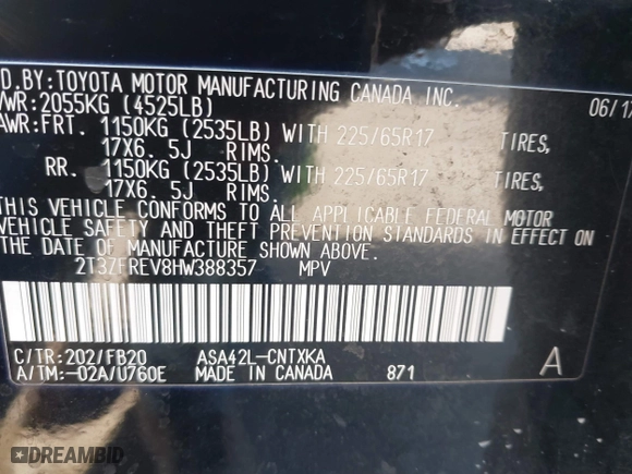 2017 Toyota RAV4 LE with VIN 2T3ZFREV8HW388357, listed as a IAAI auction lot 41674073 with 100,344 mi miles. Bid and sale history available at carsss.com. Image 9.