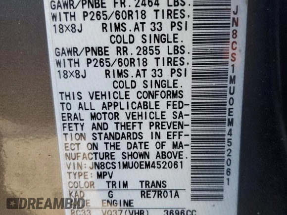 2014 Infiniti QX70 with VIN JN8CS1MU0EM452061, listed as a Copart auction lot 41790215 with 122,408 mi miles and Salvage Title. Bid and sale history available at DreamBid. Image 14.