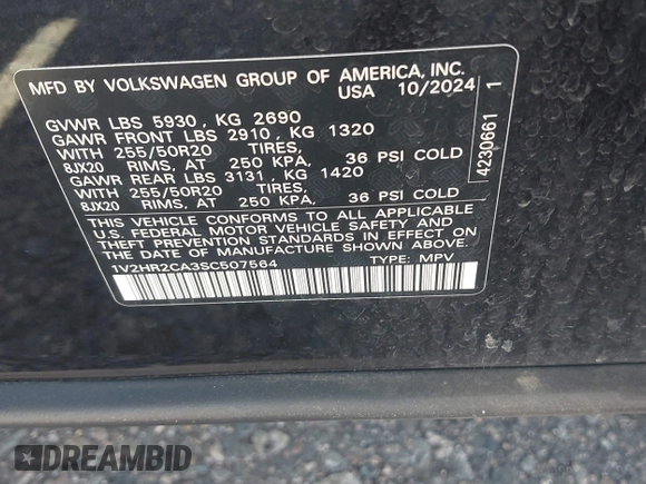 2025 Volkswagen Atlas SE with VIN 1V2HR2CA3SC507564, listed as a IAAI auction lot 42720794 with 13,257 mi miles and . Bid and sale history available at DreamBid. Image 9.