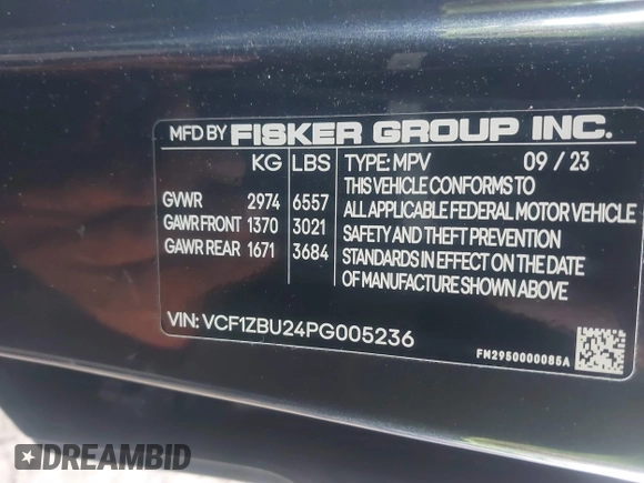 2023 Fisker Ocean One z VIN VCF1ZBU24PG005236, wystawiony jako IAAI lot #41380824 z przebiegiem 7975 mil mil oraz . Historia ofert i sprzedaży dostępna na DreamBid. Obrazek 9.