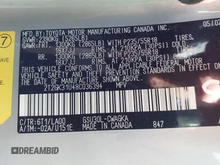 2008 Lexus RX 350 with VIN 2T2GK31U48C036394, listed as a IAAI auction lot 41630066 with 225,793 mi miles and . Bid and sale history available at DreamBid. Image 9.
