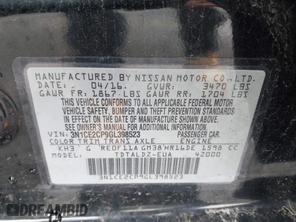 2016 Nissan Note S с VIN 3N1CE2CP9GL398523, выставлен на аукционе IAAI как лот 42150745 с пробегом 74 140 миль миль и . История ставок и продаж доступна на DreamBid. Изображение 9.