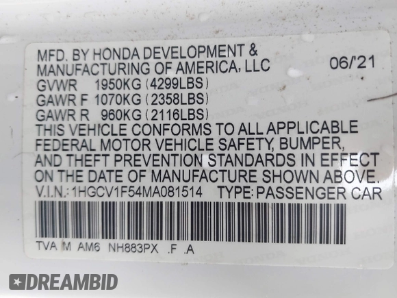 2021 Honda Accord EX-L with VIN 1HGCV1F54MA081514, listed as a IAAI auction lot 42516394 with 54,130 mi miles and . Bid and sale history available at DreamBid. Image 9.