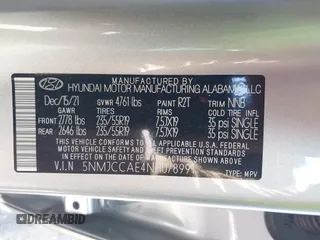 2022 Hyundai Tucson SEL with VIN 5NMJCCAE4NH078991, listed as a IAAI auction lot 41990599 with 37,384 mi miles and . Bid and sale history available at DreamBid. Image 9.