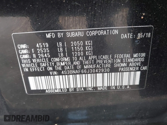 2018 Subaru Legacy Premium with VIN 4S3BNAF66J3042930, listed as a IAAI auction lot 42695980 with 56,051 mi miles and . Bid and sale history available at DreamBid. Image 9.