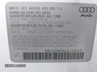 2012 Audi Q5 Premium Plus with VIN WA1LFAFPXCA125912, listed as a IAAI auction lot 42428627 with 128,617 mi miles and . Bid and sale history available at DreamBid. Image 9.
