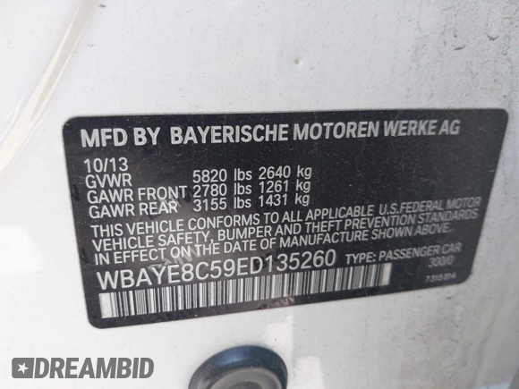 2014 BMW 7 Series ALPINA B7 with VIN WBAYE8C59ED135260, listed as a IAAI auction lot 41906238 with 152,030 mi miles. Bid and sale history available at carsss.com. Image 9.