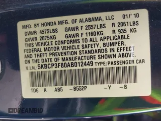 2010 Honda Accord EX-L с VIN 5KBCP3F80AB012449, выставлен на аукционе IAAI как лот 42461844 с пробегом 161 003 миль миль и . История ставок и продаж доступна на DreamBid. Изображение 9.