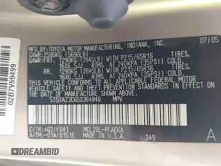 2005 Toyota Sienna CE z VIN 5TDZA23C65S364840, wystawiony jako IAAI lot #42485215 z przebiegiem 203 734 mil mil oraz . Historia ofert i sprzedaży dostępna na DreamBid. Obrazek 9.