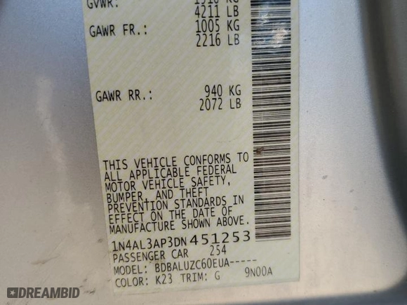 2013 Nissan Altima 2.5 S with VIN 1N4AL3AP3DN451253, listed as a Copart auction lot 47068175 with 170,959 mi miles and Salvage Title. Bid and sale history available at carsss.com. Image 12.