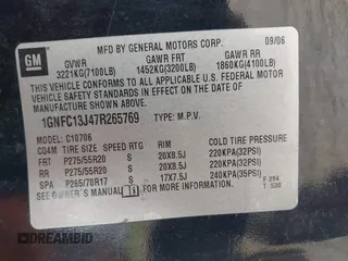 2007 Chevrolet Tahoe LS with VIN 1GNFC13J47R265769, listed as a IAAI auction lot 42613466 with Not provided miles and . Bid and sale history available at DreamBid. Image 9.