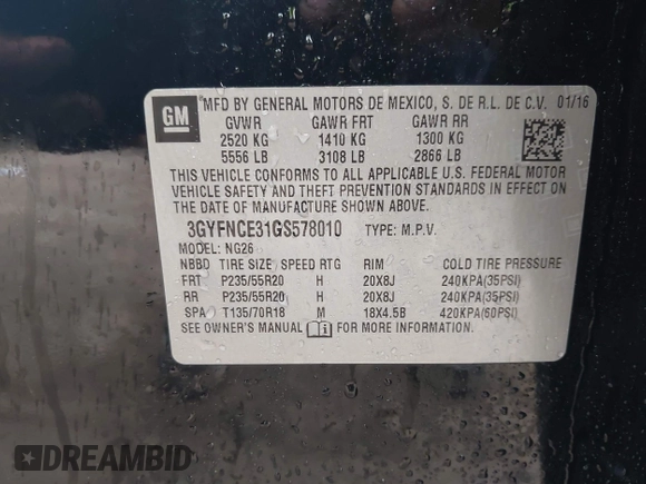 2016 Cadillac SRX Performance Collection with VIN 3GYFNCE31GS578010, listed as a IAAI auction lot 42346383 with 89,118 mi miles and . Bid and sale history available at DreamBid. Image 9.