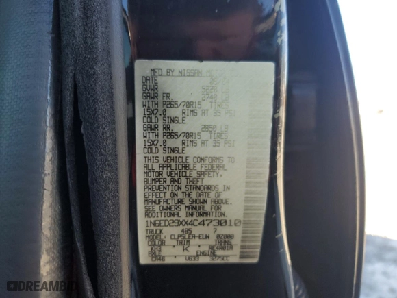 2004 Nissan Frontier 2WD XE with VIN 1N6ED29XX4C473010, listed as a Copart auction lot 87533375 with 0 mi miles and Clean Title. Bid and sale history available at carsss.com. Image 12.
