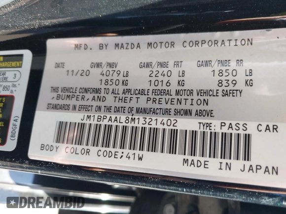 2021 Mazda 3 S z VIN JM1BPAAL8M1321402, wystawiony jako IAAI lot #41693911 z przebiegiem 35 144 mil mil oraz . Historia ofert i sprzedaży dostępna na DreamBid. Obrazek 9.