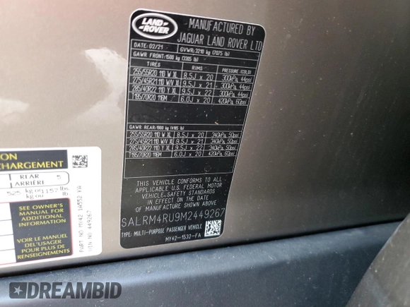2021 Land Rover Discovery with VIN SALRM4RU9M2449267, listed as a Copart auction lot 79421564 with 51,762 mi miles and Salvage Title. Bid and sale history available at DreamBid. Image 14.