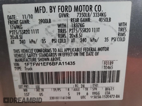 2011 Ford F-150 XL with VIN 1FTFW1EF6BFA11435, listed as a Copart auction lot 52705505 with 135,789 mi miles and Clean Title. Bid and sale history available at carsss.com. Image 12.