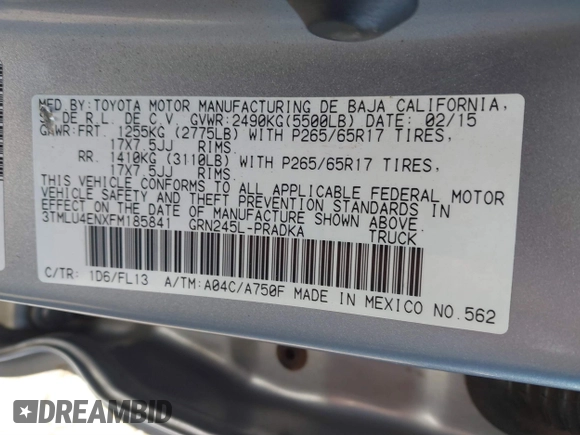 2015 Toyota Tacoma with VIN 3TMLU4ENXFM185841, listed as a IAAI auction lot 41896752 with 111,629 mi miles and . Bid and sale history available at DreamBid. Image 9.