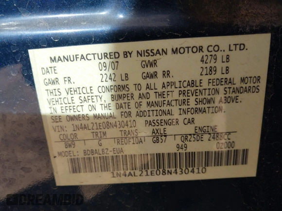 2008 Nissan Altima 2.5 SL with VIN 1N4AL21E08N430410, listed as a IAAI auction lot 41746824 with 149,087 mi miles. Bid and sale history available at carsss.com. Image 9.