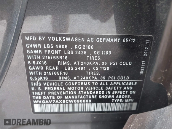 2012 Volkswagen Tiguan LE z VIN WVGAV7AX9CW096668, wystawiony jako IAAI lot #41664461 z przebiegiem 161 725 mil mil oraz . Historia ofert i sprzedaży dostępna na DreamBid. Obrazek 9.