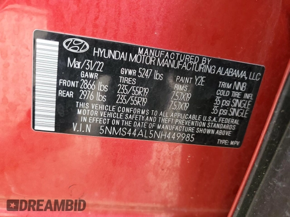 2022 Hyundai Santa Fe Limited with VIN 5NMS44AL5NH449985, listed as a Copart auction lot 88210525 with 40,629 mi miles and Salvage Title. Bid and sale history available at carsss.com. Image 13.