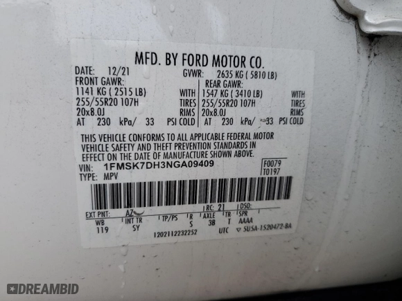 2022 Ford Explorer XLT with VIN 1FMSK7DH3NGA09409, listed as a Copart auction lot 45080265 with 48,141 mi miles and Salvage Title. Bid and sale history available at carsss.com. Image 15.