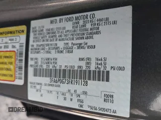 2015 Ford Fusion S with VIN 3FA6P0G73FR191128, listed as a IAAI auction lot 41901683 with 135,150 mi miles. Bid and sale history available at carsss.com. Image 9.