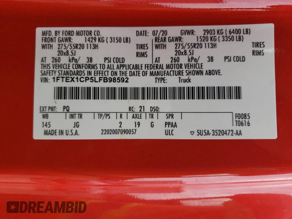 2020 Ford F-150 XL with VIN 1FTEX1CP5LFB98592, listed as a Copart auction lot 54707715 with 108,369 mi miles and Salvage title. Bid and sale history available at DreamBid. Image 13.
