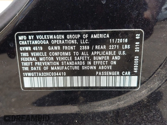 2017 Volkswagen Passat SE with VIN 1VWGT7A32HC034410, listed as a IAAI auction lot 42470146 with 96,226 mi miles and . Bid and sale history available at DreamBid. Image 9.